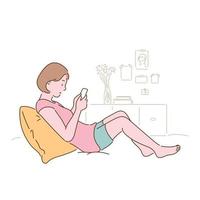 una donna è seduta sul suo letto e guarda il suo telefono. illustrazioni di disegno vettoriale stile disegnato a mano.