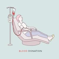 banner di promozione della donazione di sangue. una donna è seduta su una sedia medica e prende il sangue. illustrazioni di disegno vettoriale stile disegnato a mano.