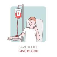 banner di promozione della donazione di sangue. un uomo preleva sangue e alza il pollice. illustrazioni di disegno vettoriale stile disegnato a mano.