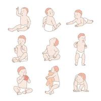 pose del bambino carino. illustrazioni di disegno vettoriale stile disegnato a mano.