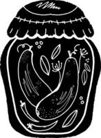 un' nero e bianca illustrazione di un' vaso con un' mazzo di verdure vettore