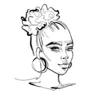 vettore africano americano giovane donna linea arte ritratto. donna schizzo illustrazione. Riccio capelli afro panino.