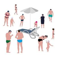 set di prendere il sole e giocare con le persone sulla spiaggia in costume da bagno. illustrazione vettoriale. vettore