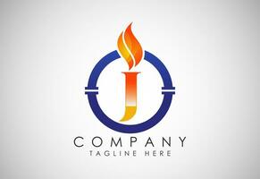 inglese alfabeto j con fuoco fiamma e tubo. olio e gas industria logo design concetto. vettore