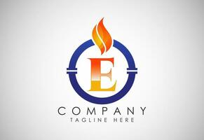 inglese alfabeto e con fuoco fiamma e tubo. olio e gas industria logo design concetto. vettore