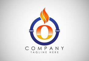 inglese alfabeto o con fuoco fiamma e tubo. olio e gas industria logo design concetto. vettore