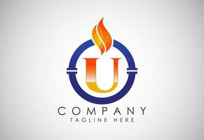 inglese alfabeto u con fuoco fiamma e tubo. olio e gas industria logo design concetto. vettore