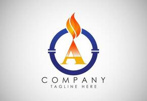 inglese alfabeto un' con fuoco fiamma e tubo. olio e gas industria logo design concetto. vettore