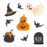 vettore impostato di personaggi e icone per Halloween nel cartone animato stile. Halloween oggetti. cappello, fantasma, zucca, pozione, grave, pipistrelli.