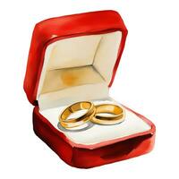 d'oro nozze anelli per coppia nel rosso scatola isolato mano disegnato acquerello pittura illustrazione vettore