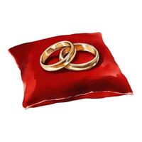 d'oro nozze anelli per coppia su rosso cuscino isolato mano disegnato acquerello pittura illustrazione vettore