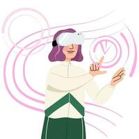 donna indossare virtuale la realtà bicchieri ,vr interagendo e esplorando un' virtuale mondo. virtuale la realtà tecnologia per mentale e fisico Salute. vettore