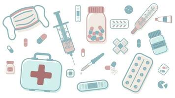 vettore cartone animato impostato di medico elementi, Compreso pillole, intonaci, capsule, un' siringa, un' termometro, bottiglie, un' kit e un' viso maschera