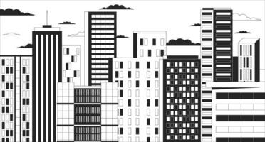 crepuscolo grattacieli nero e bianca freddo lo fi sfondo. alto salire edifici tramonto crepuscolo lineare 2d vettore cartone animato paesaggio urbano illustrazione, monocromatico lofi sfondo desktop. bw anni 90 retrò arte