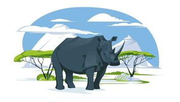 un' solitario rinoceronte nel un' savana paesaggio. selvaggio animali di Africa. vettore piatto illustrazione