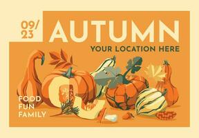 manifesto con raccogliere di autunno zucca. Halloween, ringraziamento, azienda agricola Festival manifesto, testo carta. vettore piatto illustrazione