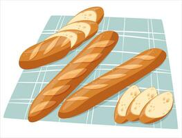 affettato pane su un' cucina tovagliolo. appena al forno baguette, pagnotta. vettore illustrazione nel il stile di cartone animato, piatto