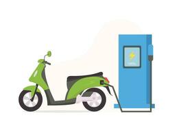 elettrico scooter e ricarica stazione. verde moderno scooter ricarica batterie vettore