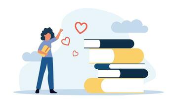 amore leggere libro vettore piatto illustrazione formazione scolastica. donne lettura letteratura arte studia sfondo. ragazza persona conoscenza apprendimento scuola. immaginazione saggezza pila storia. blu copertina concetto stile di vita