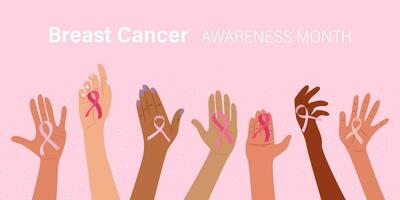 Seno cancro consapevolezza e prevenzione concetto, multietnico femmina mani Tenere rosa nastro simbolo per supporto e combattimento per Salute. piatto vettore illustrazione. semplice ragnatela striscione.