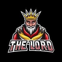 King Lord Sport modello di progettazione del logo esport con armatura, corona, barba e baffi spessi vettore