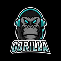 modello di logo esport sport mascotte scimmia scimmia gorilla nero con auricolare vettore