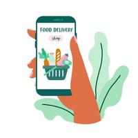 negozio di consegna cibo online sullo schermo. mano che tiene l'illustrazione vettoriale dello smartphone.