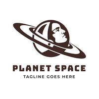 pianeta Saturno con astronauta casco nel spazio per universo scienza logo design vettore