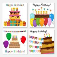 impostato di quattro saluto carte con dolce torta per compleanno celebrazione. vettore illustrazione
