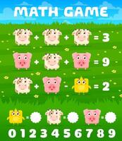 cartone animato piazza mucca, maiale e pollo matematica gioco vettore