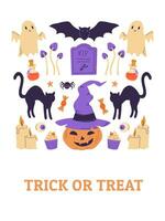Halloween festa manifesto, striscione, carta, invito. vettore illustrazione. trucco o trattare. pipistrello, zucca con di strega cappello, fantasma, nero gatto, lapide, veleno
