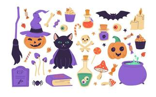 cartone animato Halloween elementi clip arte. zucca, pipistrello, nero gatto, pozione, caramelle, ragno, scopa, Magia vettore impostare. Perfetto per scrapbooking, invito, saluto carta, manifesto design