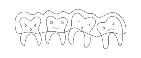 scarabocchio carino cencioso denti con chiaro allineatori. dentale ortodontico trattamento. orale igiene concetto per bambini per pediatrico odontoiatria. denti pulizia e prevenzione. vettore mano disegnare illustrazione.