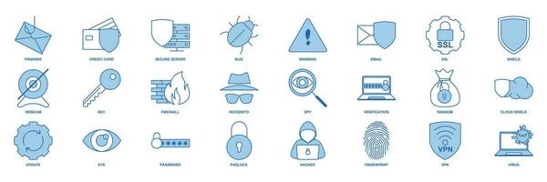 informatica sicurezza icona impostare, incluso icone come scudo, parola d'ordine, insetto e Di Più simboli collezione, logo isolato vettore illustrazione
