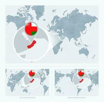 ingrandita Oman al di sopra di carta geografica di il mondo, 3 versioni di il mondo carta geografica con bandiera e carta geografica di Oman. vettore