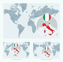 ingrandita Italia al di sopra di carta geografica di il mondo, 3 versioni di il mondo carta geografica con bandiera e carta geografica di Italia. vettore