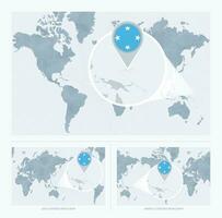 ingrandita micronesia al di sopra di carta geografica di il mondo, 3 versioni di il mondo carta geografica con bandiera e carta geografica di micronesia. vettore