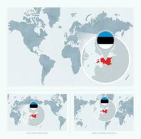 ingrandita Estonia al di sopra di carta geografica di il mondo, 3 versioni di il mondo carta geografica con bandiera e carta geografica di Estonia. vettore