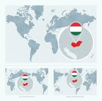 ingrandita Ungheria al di sopra di carta geografica di il mondo, 3 versioni di il mondo carta geografica con bandiera e carta geografica di Ungheria. vettore