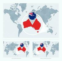 ingrandita Australia al di sopra di carta geografica di il mondo, 3 versioni di il mondo carta geografica con bandiera e carta geografica di Australia. vettore