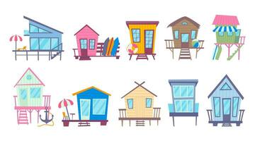 cartone animato colore diverso tipi spiaggia capanne impostare. vettore