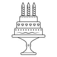 un' torta con candele su un' In piedi, un' festivo dolce. nero schema silhouette. vettore illustrazione, icona.