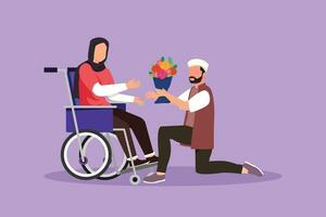grafico piatto design disegno arabo maschio, Disabilitato femmina nel sedia a rotelle. uomo dare mazzo di fiore per donna. Caregiver, famiglia morale sostegno. invalidità riabilitazione. cartone animato stile vettore illustrazione