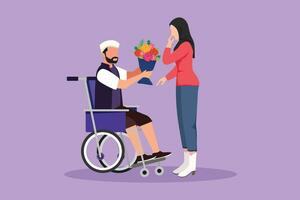 grafico piatto design disegno bellissimo arabo donna e Disabilitato uomo nel sedia a rotelle. maschio dare mazzo di fiore per femmina. famiglia sostegno. invalidità riabilitazione. cartone animato stile vettore illustrazione