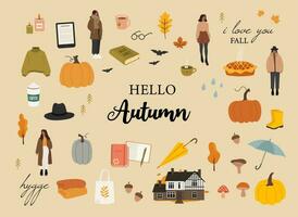 autunno illustrazioni impostare. accogliente carino autunno stagione impostare. maglione, prenotare, Tè, pioggia. moda ragazze. vettore