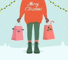 Natale acquisti. donna Tenere shopping borse.inverno sfondo. vettore