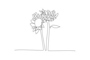 uno continuo linea disegno di girasole e floreale telaio concetto. scarabocchio vettore illustrazione nel semplice lineare stile.