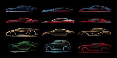 concetto auto veicolo silhouette logo icona collezione impostare. auto box auto concessionaria marca identità design elementi. vettore illustrazioni.
