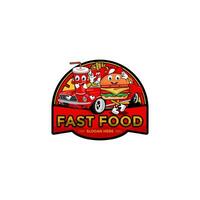 veloce cibo logo vettore modello, consegna cibo con hamburger, bevanda e auto icona vettore
