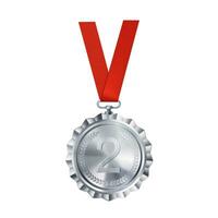 realistico argento medaglia su rosso nastro con inciso numero Due . gli sport concorrenza premi per secondo posto. campionato ricompensa per realizzazioni e vittoria. vettore